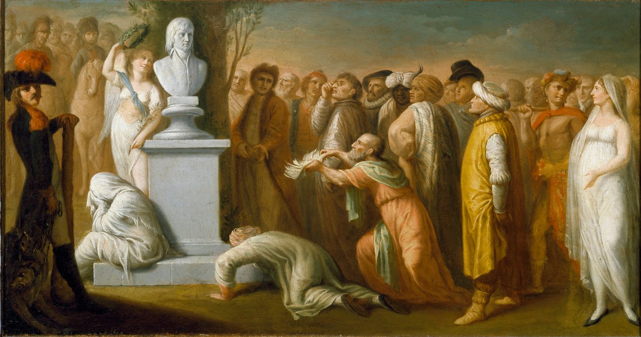 Campanha (Expedição) do Egito (1798-1801): "O Retorno de Napoleão Bonaparte (1765-1821) do Egito em outubro de 1799" representação alegórica do General Napoleão vitorioso em seu retorno do Egito, simbolizado por seu busto de mármore, que é coroado de Dominique Vivant Denon