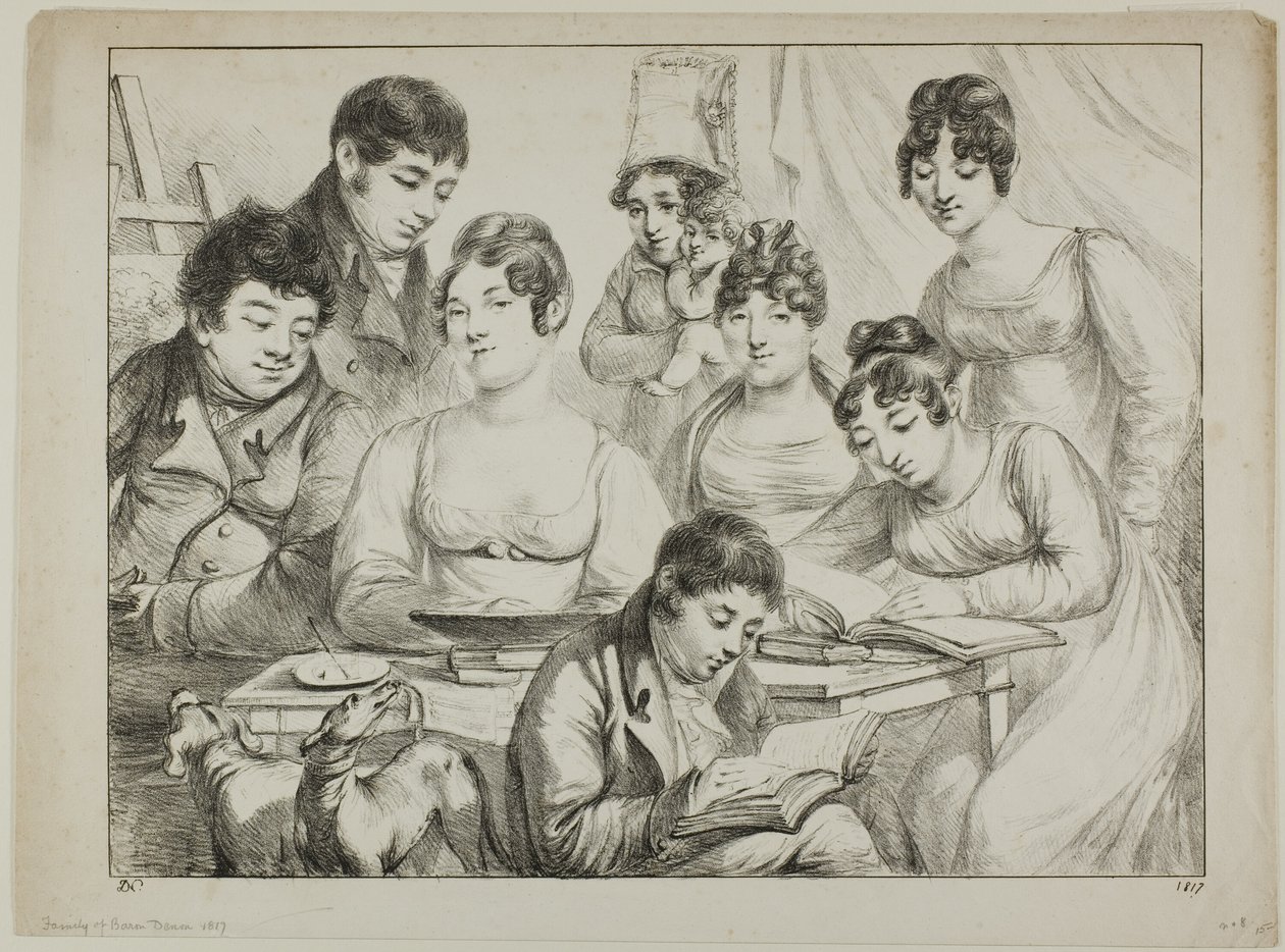 Conversa, um desenho e leitura em família, a enfermeira segurando um bebê, um retrato do príncipe Edmond de Beauvau atrás de uma cadeira e retratos de Madame Lavallée e Madame Vallory, ambos sentados de Dominique Vivant Denon