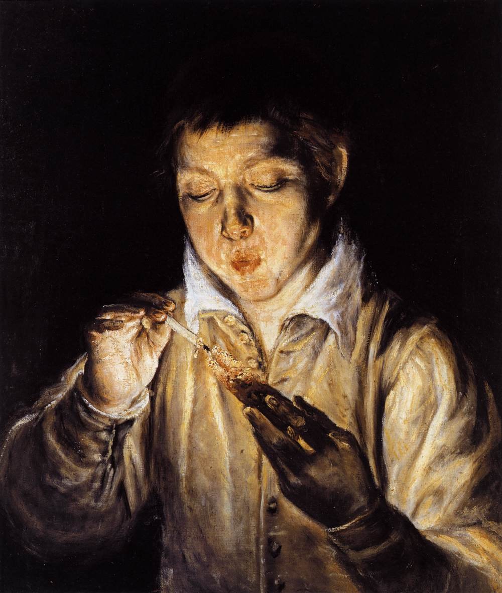 Um menino soprando em uma brasa para acender uma vela de El Greco