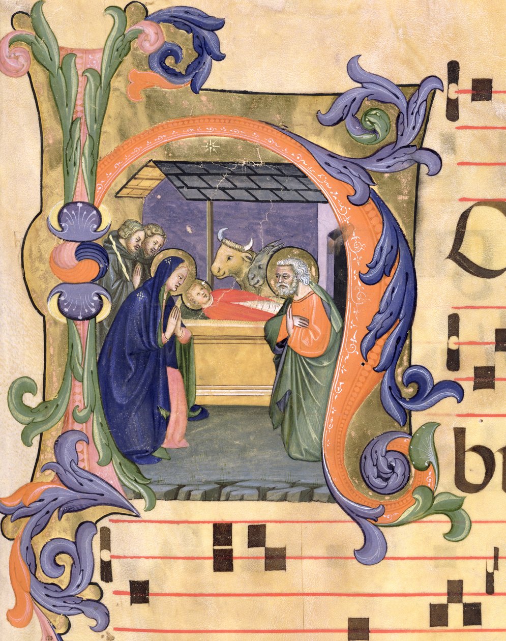 Ms 571 f.6r Historiated inicial &39;H&39; representando a Natividade de uma antífona iluminada por Don Simone Camaldolese (e escola) (fl.1381-1426) de Santa Maria del Carmine, Florença de Don Simone Camaldolese