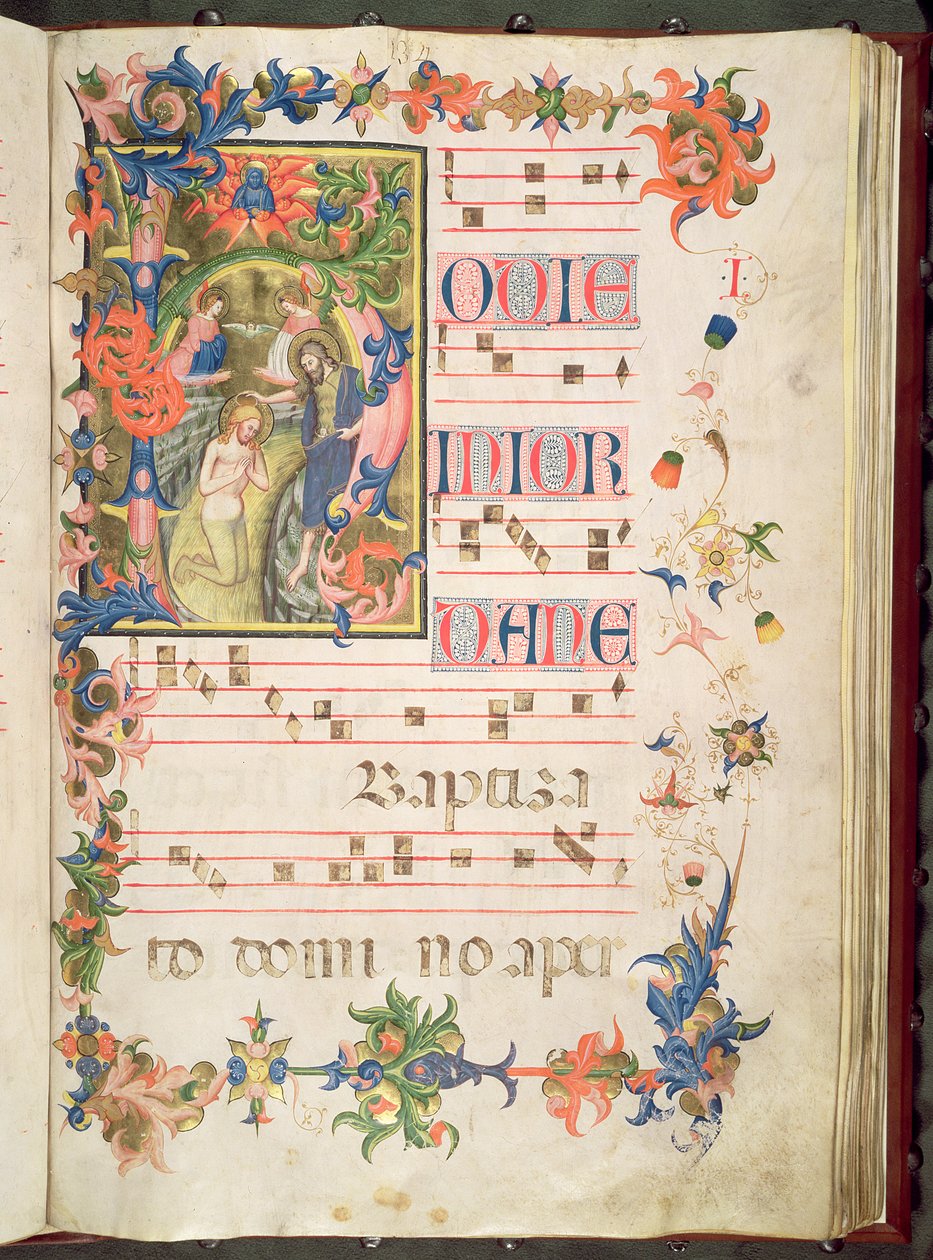 O Baptismo de Cristo, historiated inicial &39;h&39; com borda decorativa e notas musicais de Don Simone Camaldolese