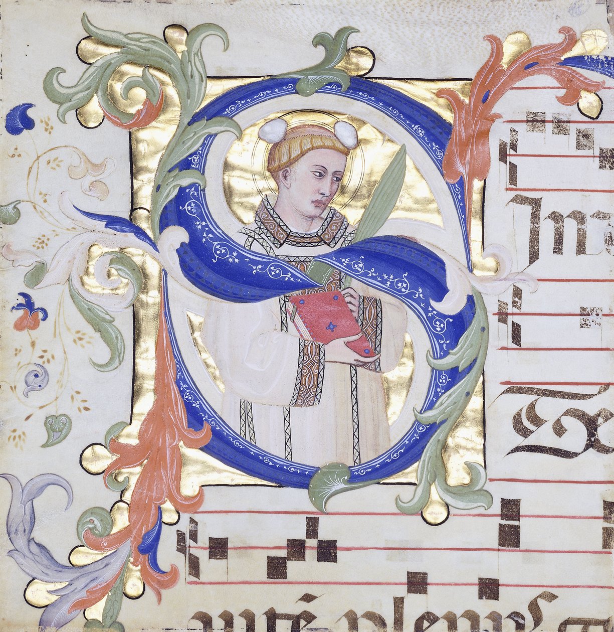 S inicial muito grande, mostrando Santo Estêvão, c.1350-1400 (tintas coloridas e folha de ouro em velino) de Don Silvestro dei (circle of) Gherarducci