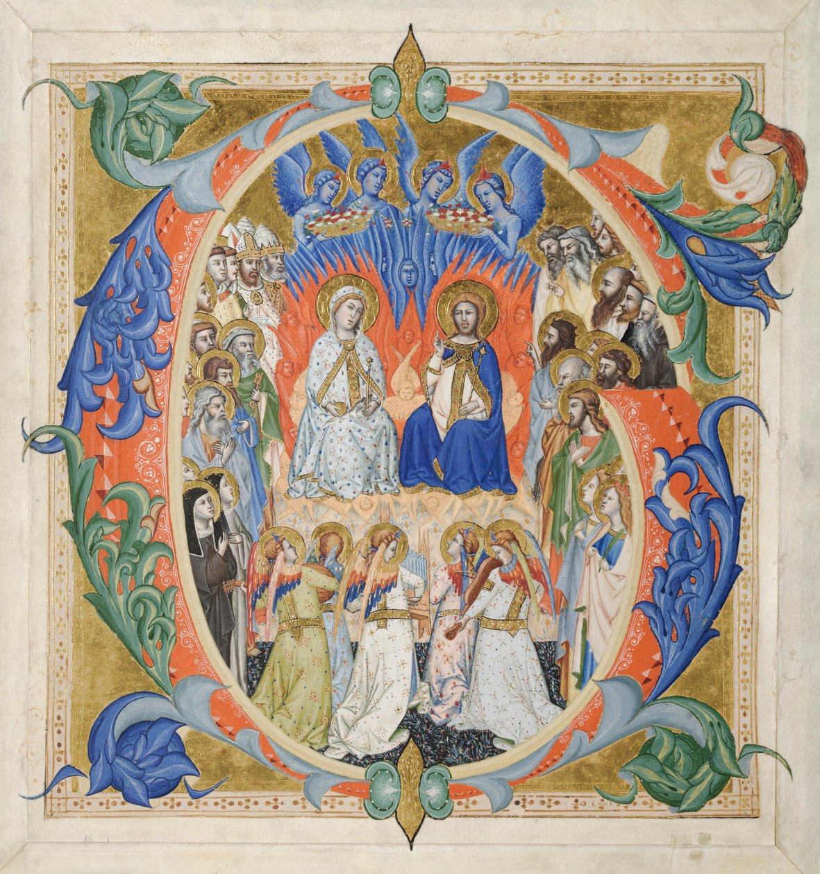 G inicial [audeamus omnes] de um Gradual: The Court of Heaven, 1371-77. de Don Silvestro dei Gherarducci
