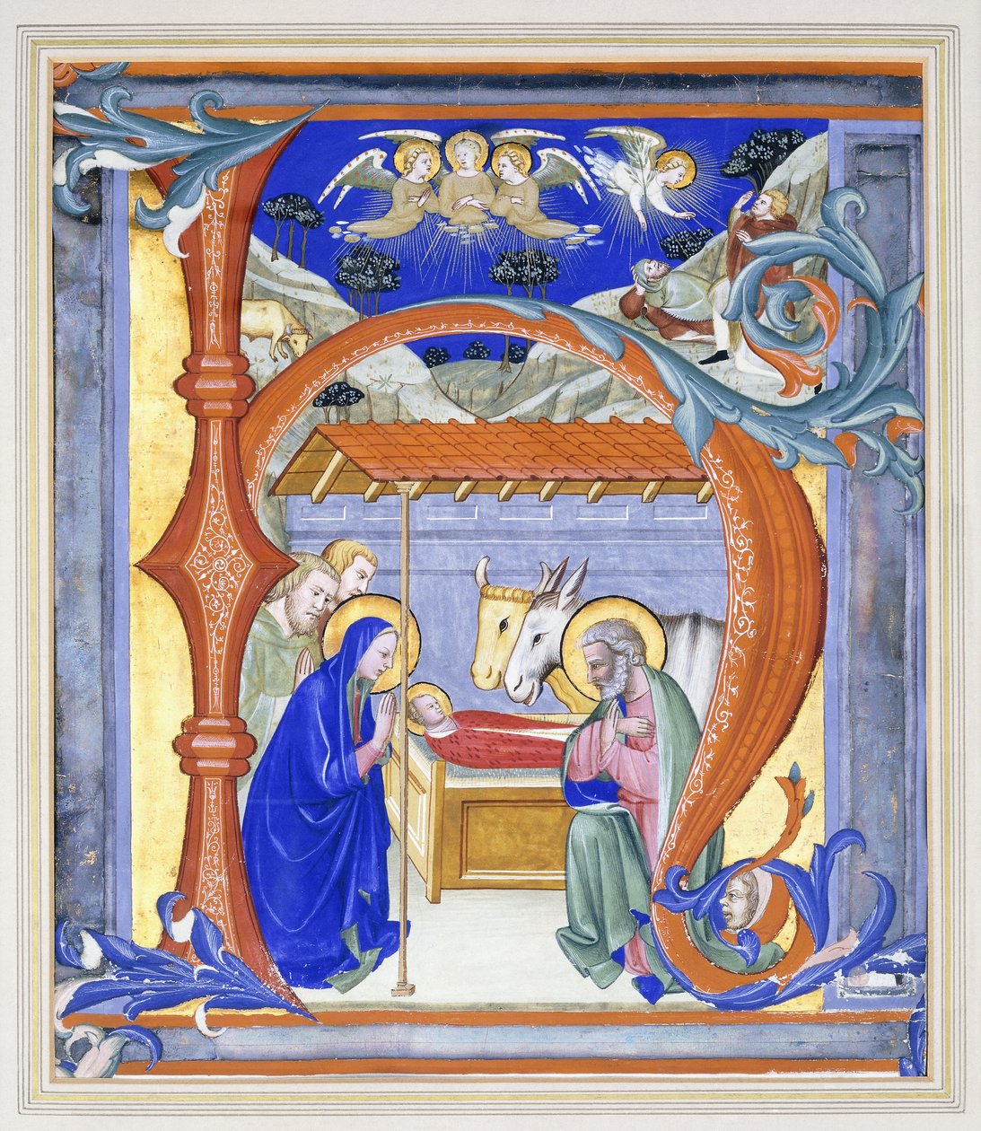 Inicial "N" historiado iluminado, representando um presépio, 1410 de Don Simone Camaldolese