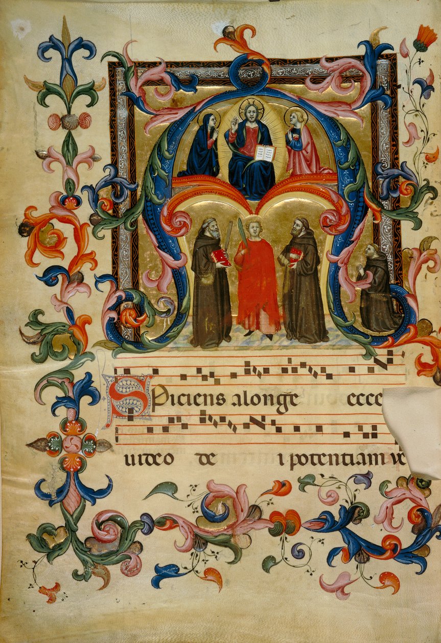 Inicial iluminada com Cristo em glória (Corale 39, c. 1v), obra para o livro coral 39 de Santa Maria degli Angeli da igreja de San Pancrazio em Florença de Don Simone Camaldolese