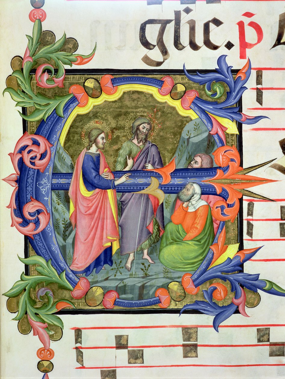 Ms 572 f. 107 Historiated inicial &39;E&39; representando São João Batista apresentando Cristo a dois discípulos, a partir de um antiphone de Don Simone Camaldolese