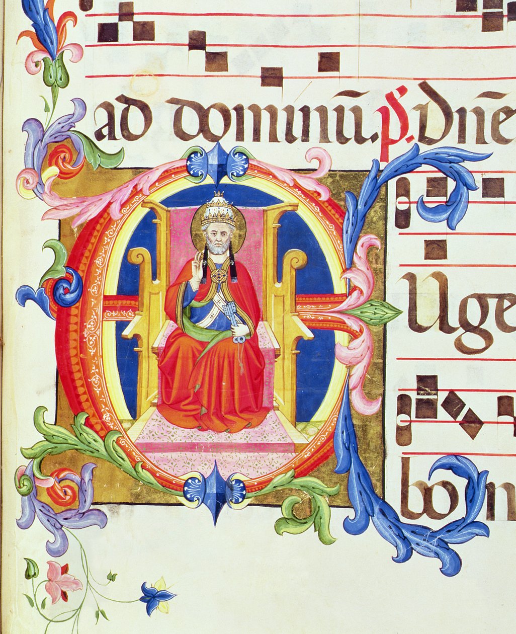 Ms 572 f.125r Historiated inicial &39;E&39; representando São Pedro como o primeiro bispo de Roma a partir de uma antífona de Santa Maria del Carmine de Don Simone Camaldolese