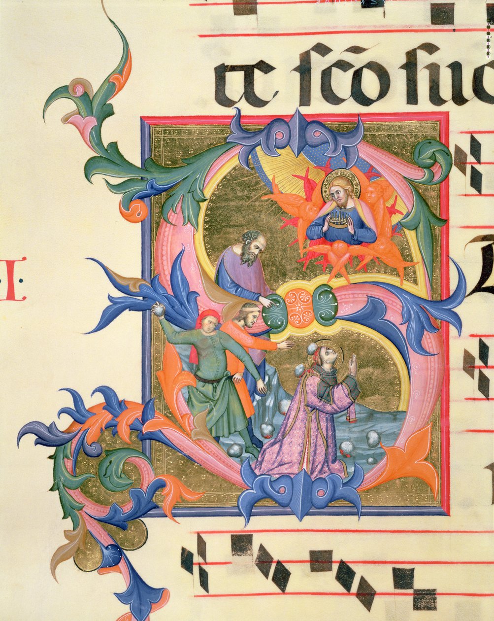 Ms 572 f.32v Historiated inicial &39;S&39; representando o apedrejamento de Santo Estêvão de Don Simone Camaldolese