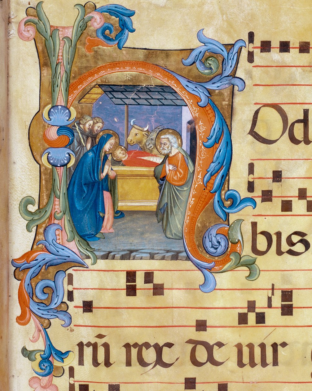 Natividade, detalhe em miniatura do Antiphonary de Don Simone Camaldolese