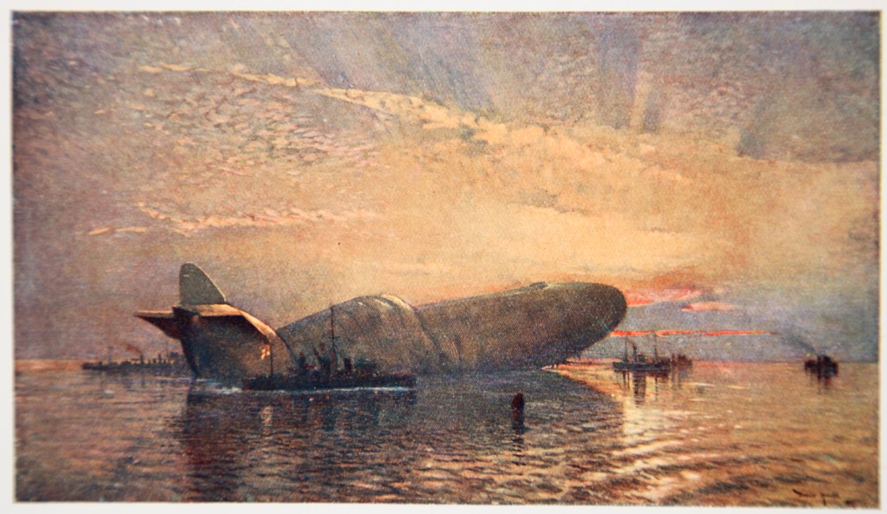 São Jorge e o Dragão: Zepelim L15 no Tâmisa, abril de 1916, ilustração de &39;The Naval Front&39; de Gordon S. Maxwell, 1920 de Donald Maxwell