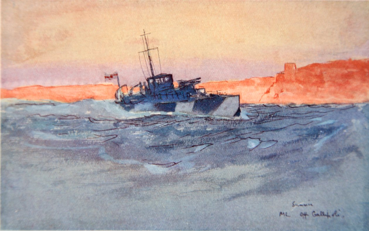 Nascer do sol: Lançamento de motor fora de Gallipoli, Itália, ilustração de &39;The Naval Front&39; por Gordon S. Maxwell, 1920 de Donald Maxwell