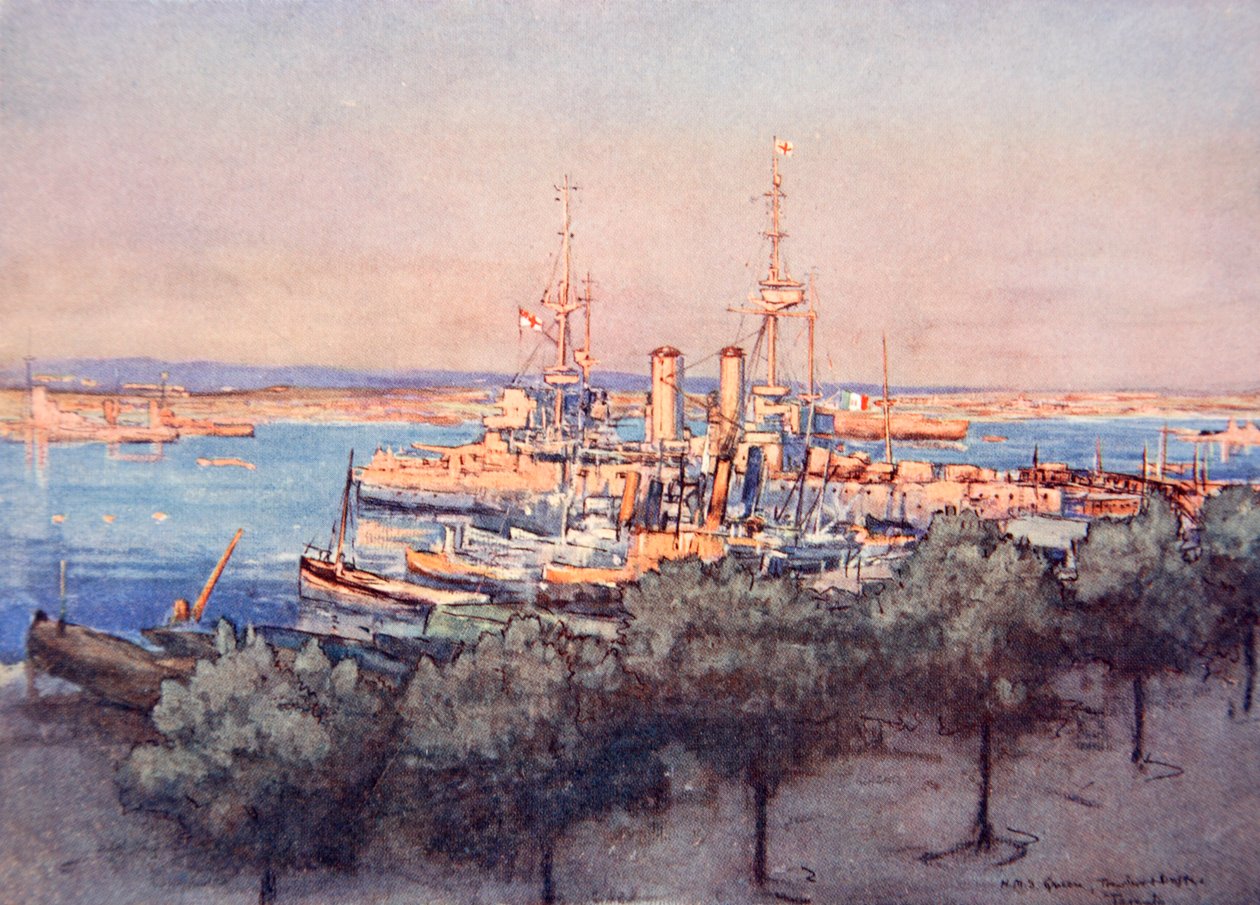HMS Queen, Arrastões e Drifters, Taranto, ilustração de &39;The Naval Front&39; por Gordon S. Maxwell, 1920 de Donald Maxwell