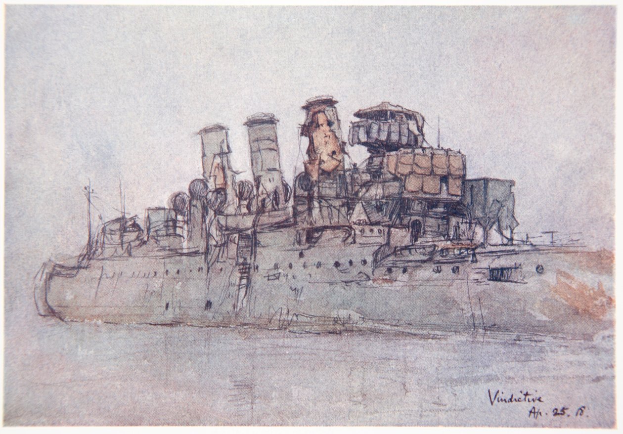 HMS Vindictive, 25 de abril de 1918, ilustração de "The Naval Front" por Gordon S. Maxwell, 1920 de Donald Maxwell