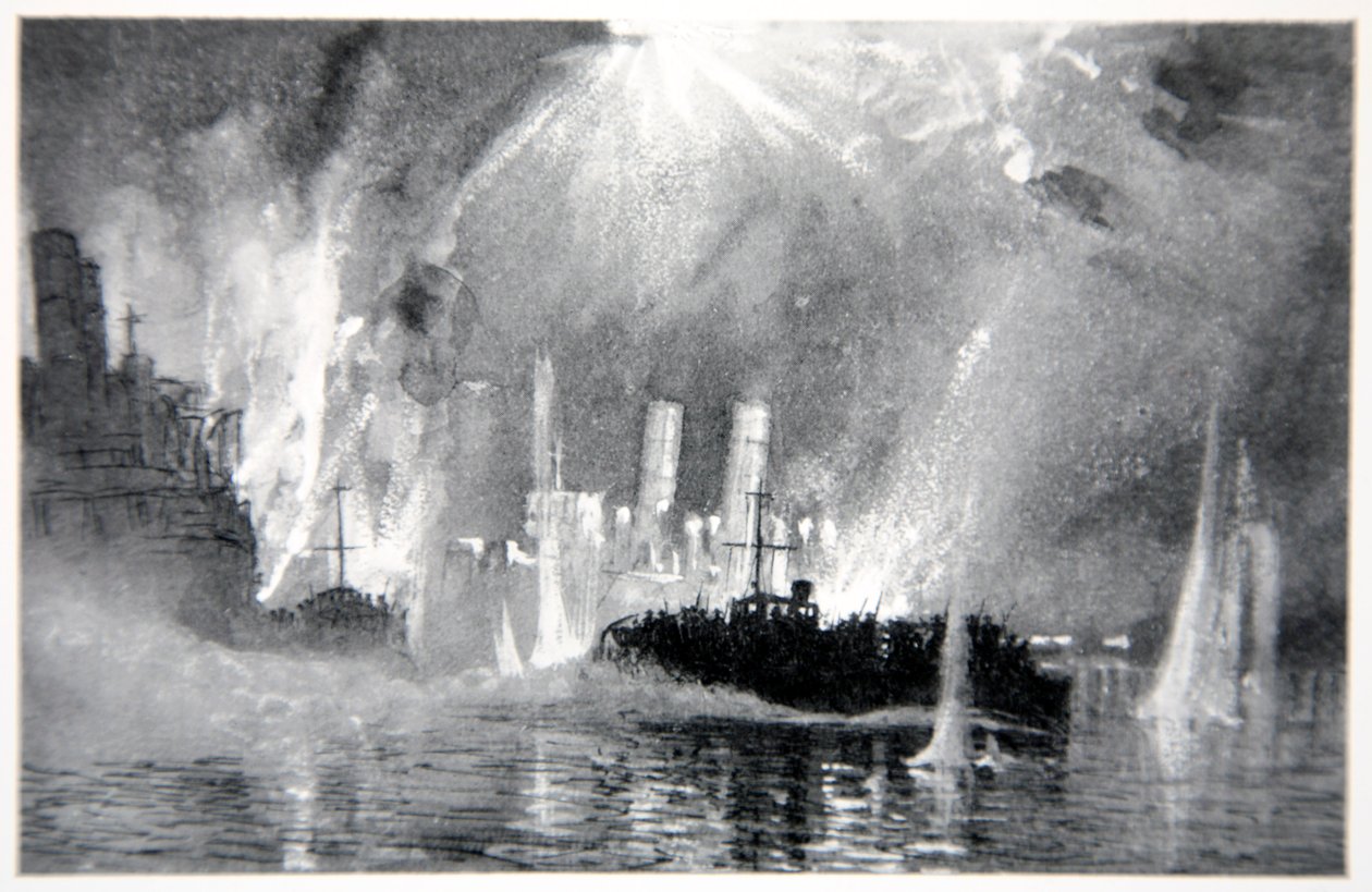 Motor lança equipes de resgate dos Blockships em Zeebrugge, ilustração de &39;The Naval Front&39; por Gordon S. Maxwell, 1920 de Donald Maxwell