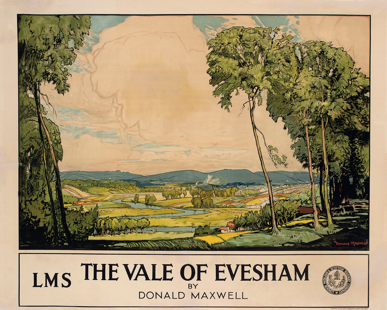 The Vale of Evesham, cartaz publicitário de Londres, Midland and Scottish Railway (litografia colorida) de Donald Maxwell