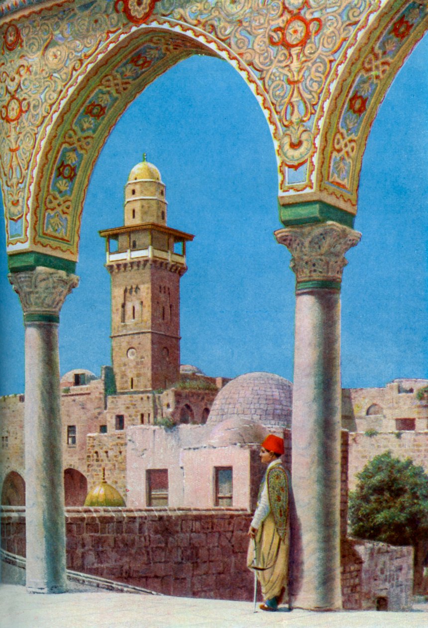 Minarete islâmico no monte do templo, Jerusalém, Palestina, c1930s de Donald McLeish