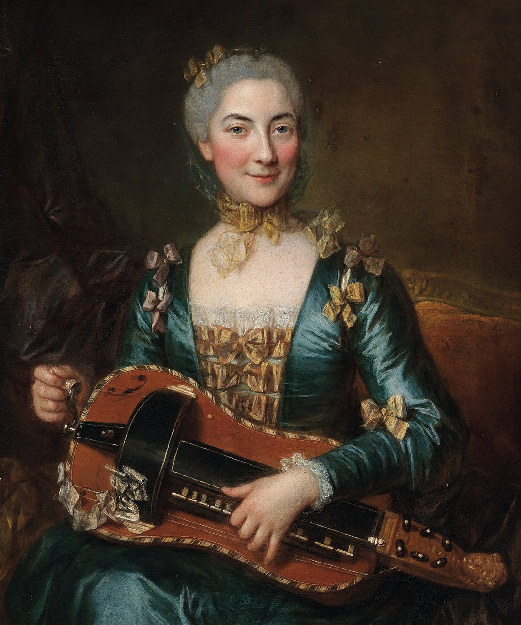 Retrato de uma senhora tocando um hurdy-gurdy de Donat Nonotte