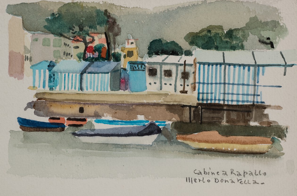 Cabines em Rapallo, c.1979 (aguarela sobre papel) de Donatella Merlo
