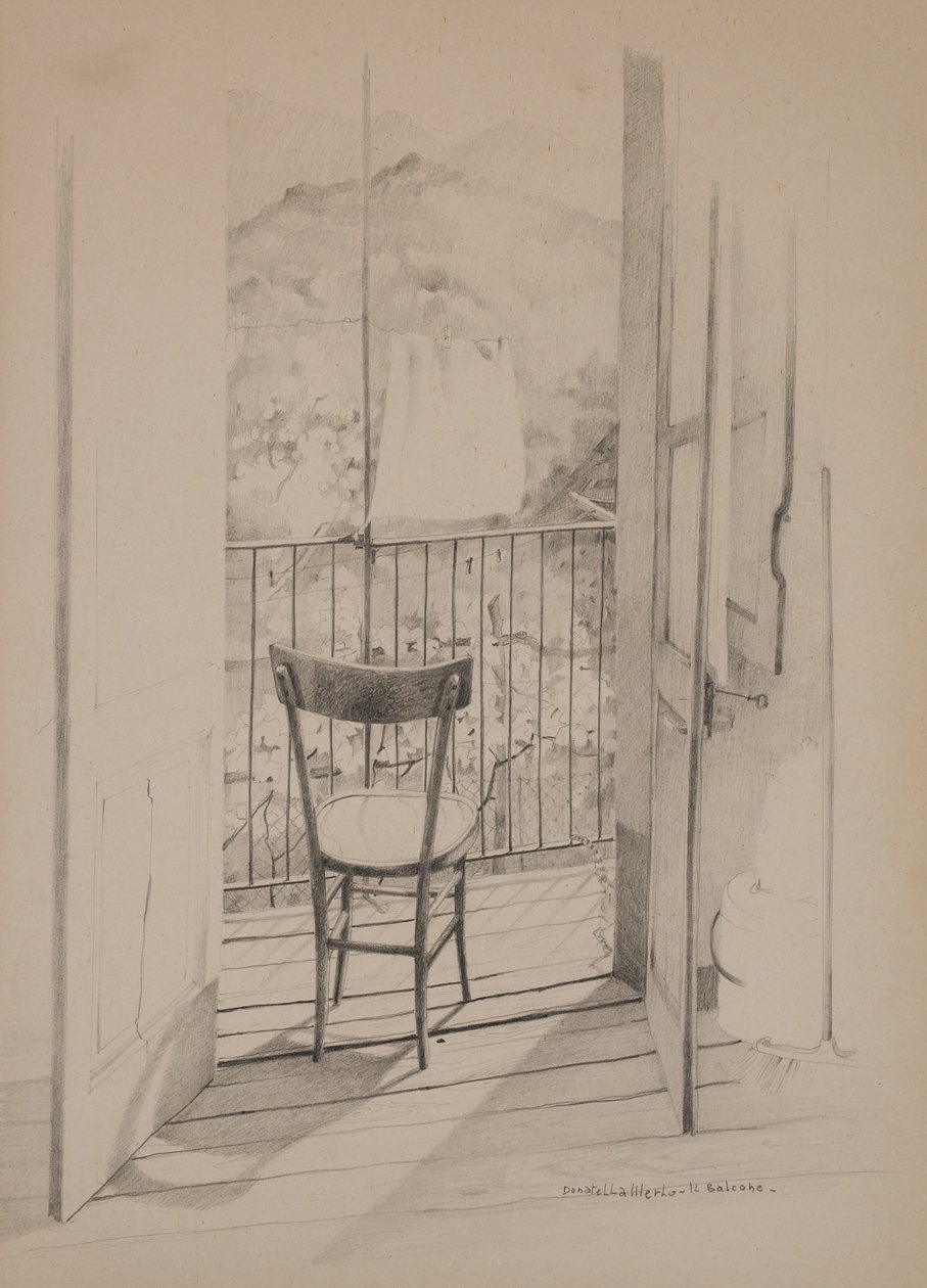 A varanda, c.1975 (desenho sobre papel) de Donatella Merlo