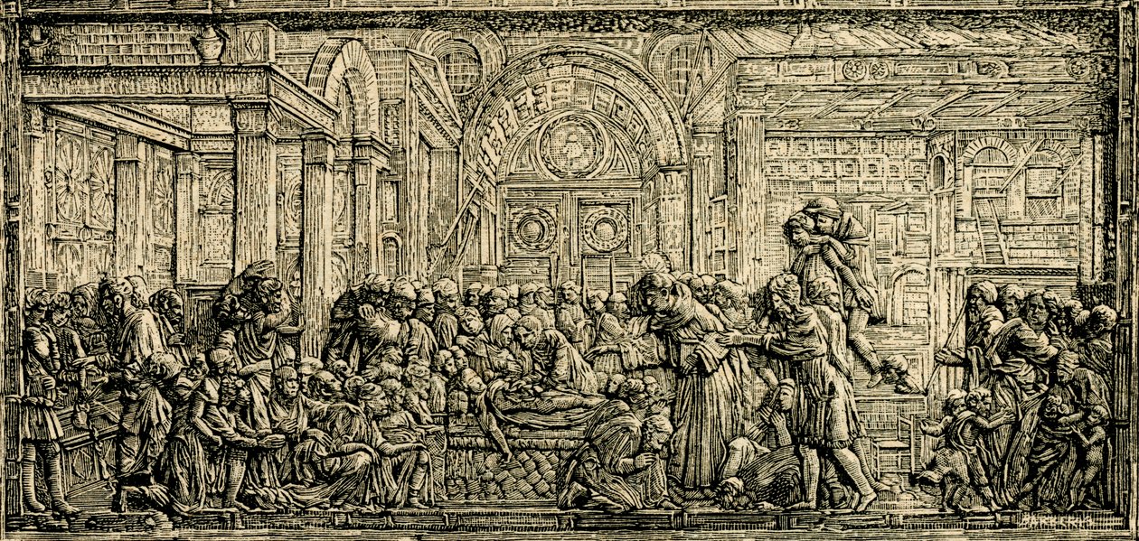 Milagre do coração do homem avarento, altar de Santo António, relevo em bronze de Donatello, basílica de Santo António de Pádua, Pádua, Veneto, Itália, xilogravura de Le cento citta d