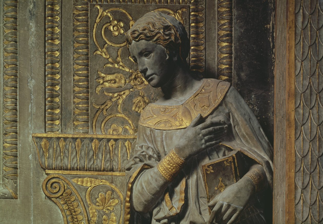 A Anunciação de Cavalcanti: detalhe da Virgem por Donatello 1386-1466 c.1435 calcário dourado de Donatello