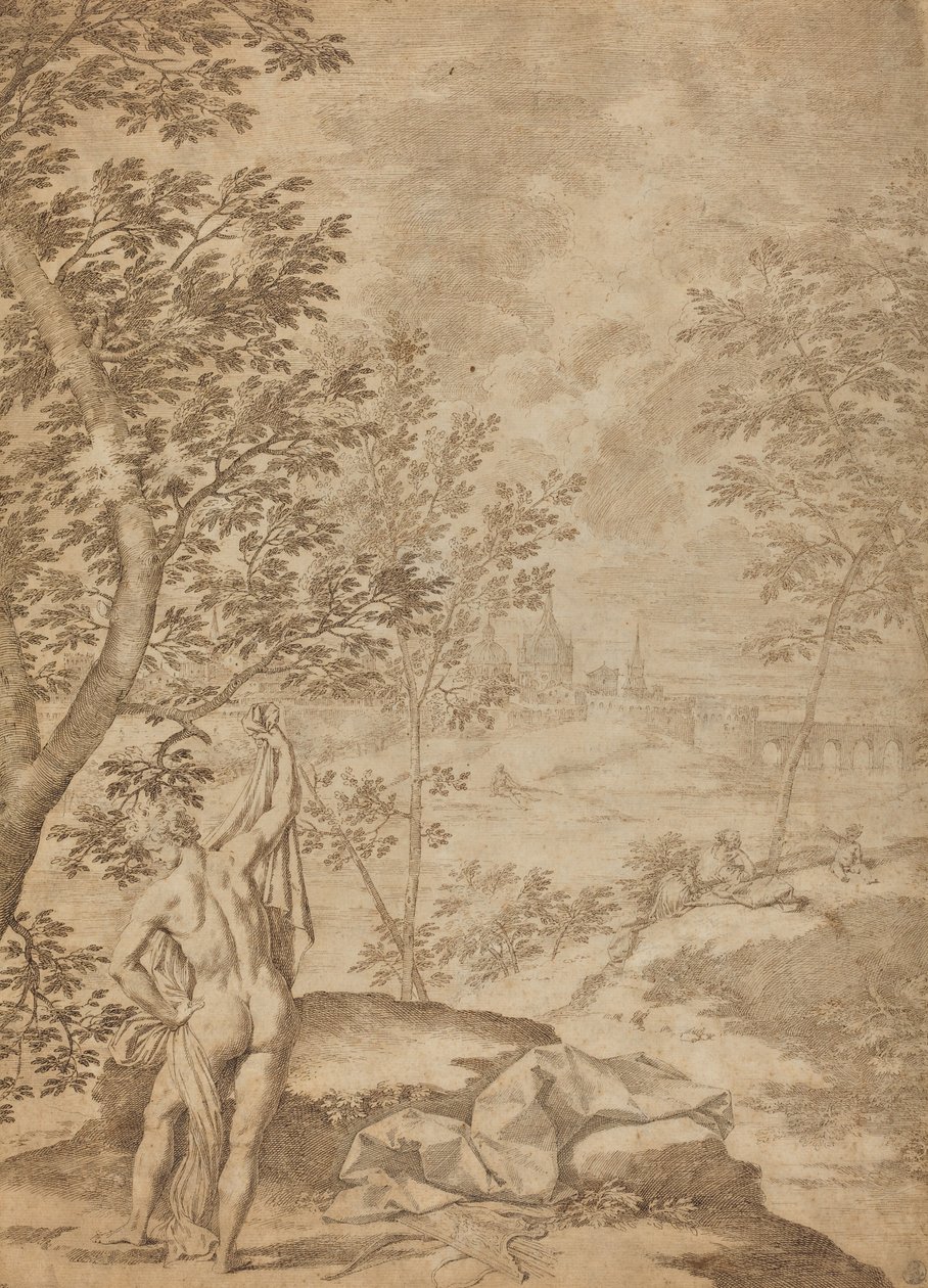 Apollo de pé em uma paisagem fluvial de Donato Creti