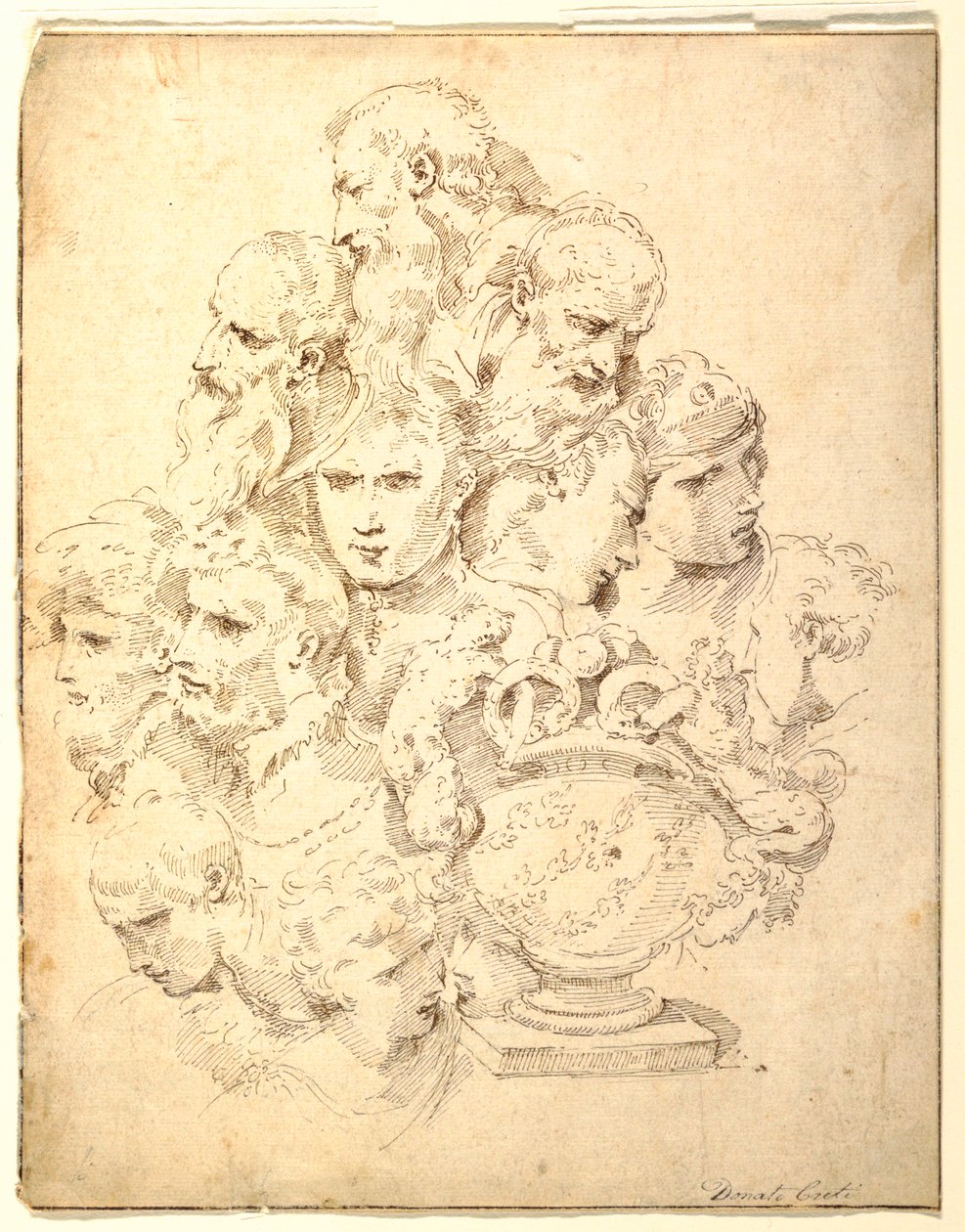 Desenho, Fantasia composta por cabeças e uma urna esculpida, ca. 1730 de Donato Creti