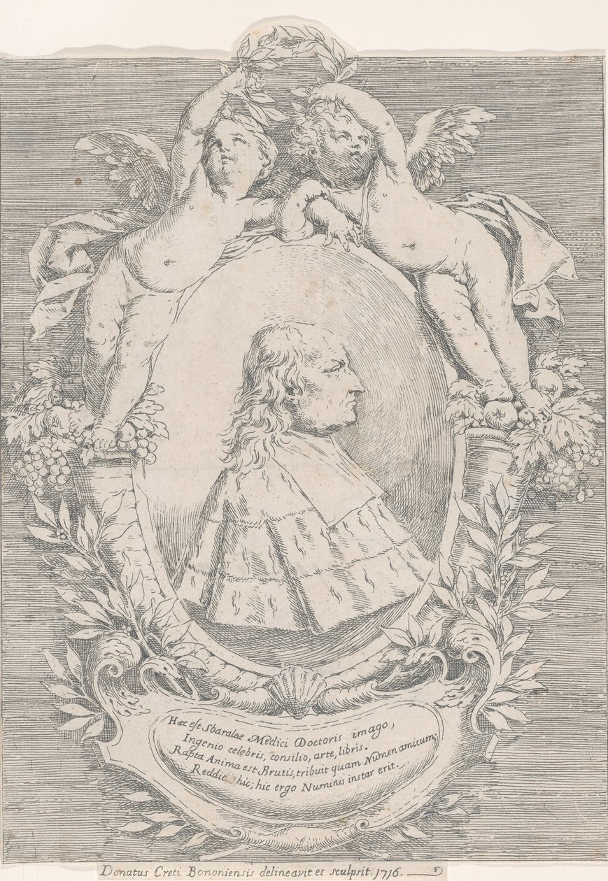 Retrato de Giovanni Girolamo Sbaraglia, dentro de um oval ladeado por dois putti em cornucópia..., 1716. de Donato Creti