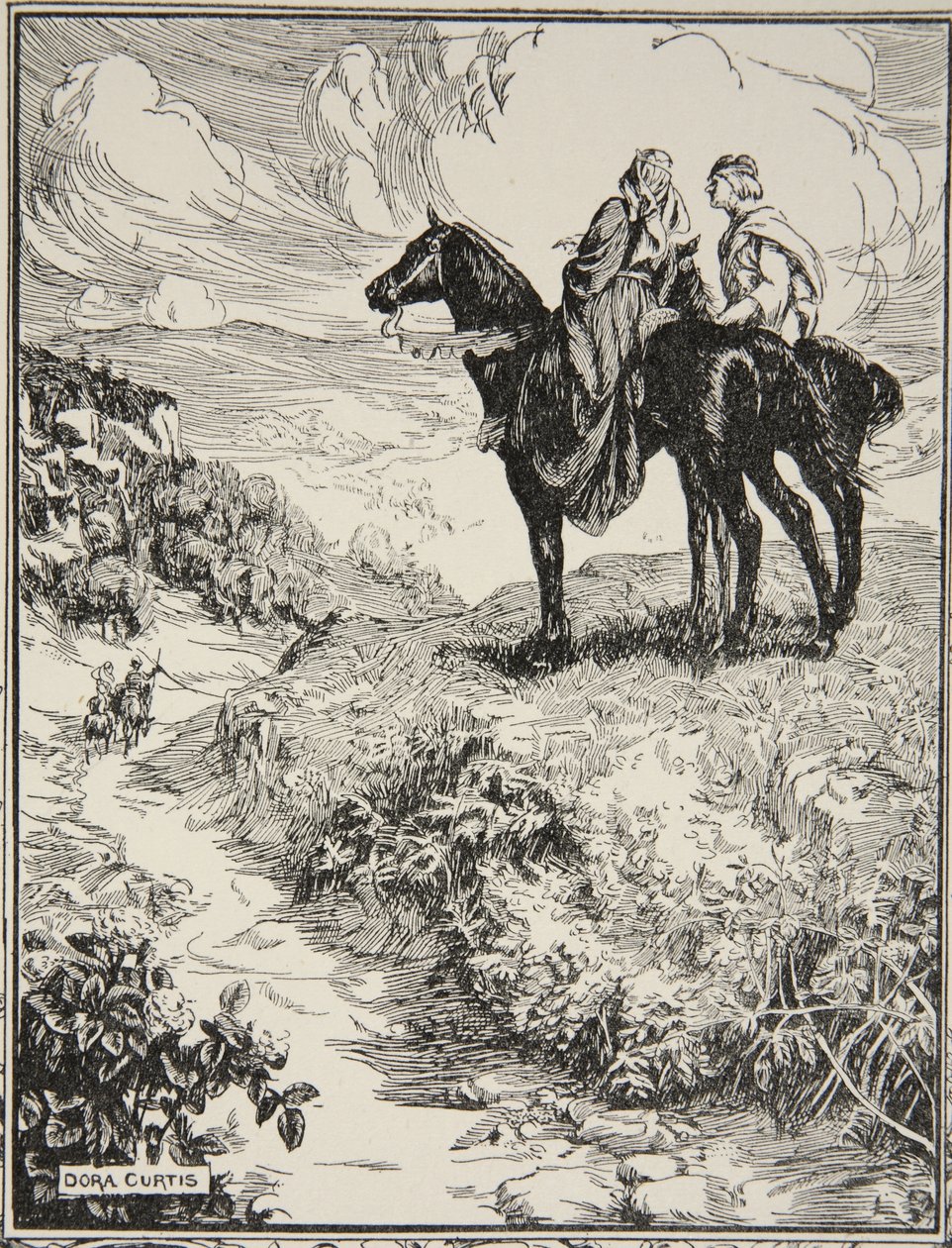 Enquanto esperavam no pequeno montinho da floresta, ilustração de "Histórias do Rei Arthur e da Mesa Redonda", de Beatrice Clay, 1ª Edição, 1905 de Dora Curtis