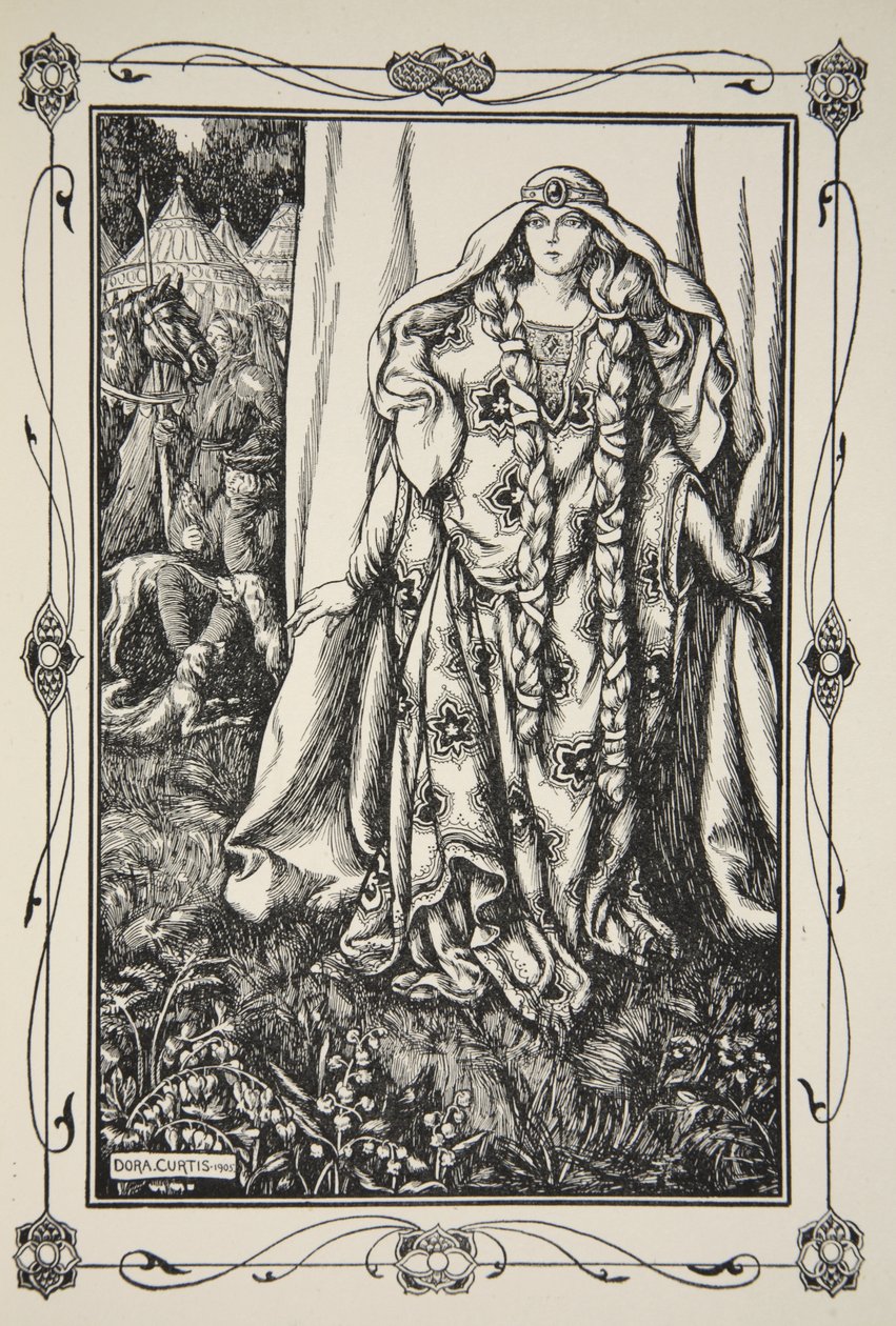 Na porta de um .. estava uma senhora, ilustração de "Histórias do Rei Arthur e da Mesa Redonda" por Beatrice Clay, 1ª Edição, 1905 de Dora Curtis