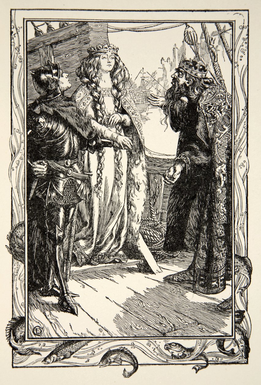 Rei Angústia dá Isolt a Sir Tristram, ilustração de "Histórias do Rei Arthur e da Mesa Redonda" de Beatrice Clay, 1ª Edição, 1905 de Dora Curtis