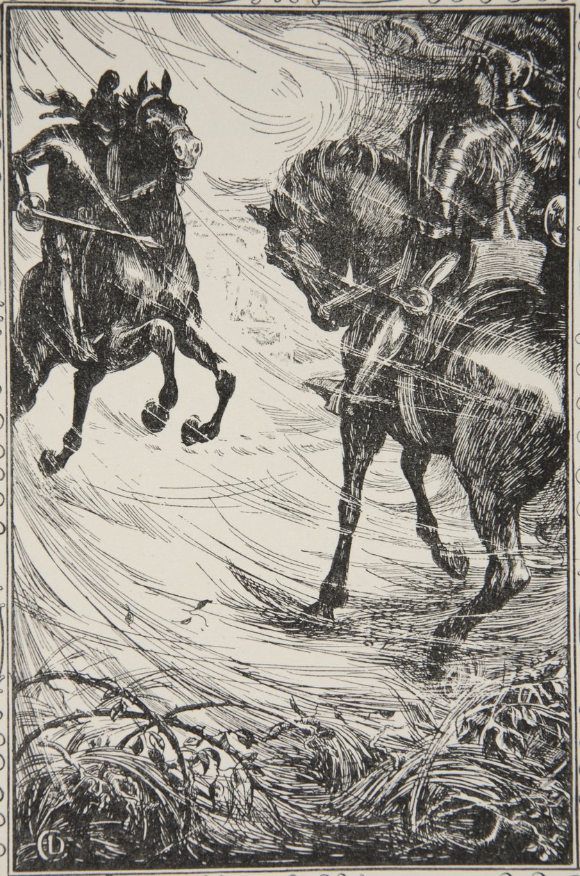 Sore foi o concurso, ilustração de "Histórias do Rei Arthur e da Mesa Redonda" por Beatrice Clay, 1ª Edição, 1905 de Dora Curtis