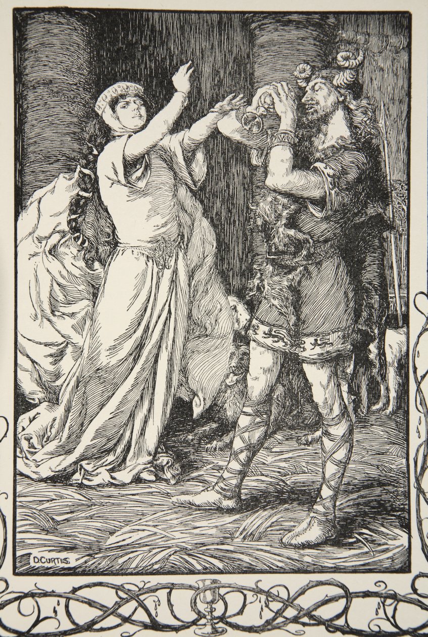 A Rainha clamou a ele para abster-se, ilustração de "Histórias do Rei Arthur e da Mesa Redonda" de Beatrice Clay, 1ª Edição, 1905 de Dora Curtis