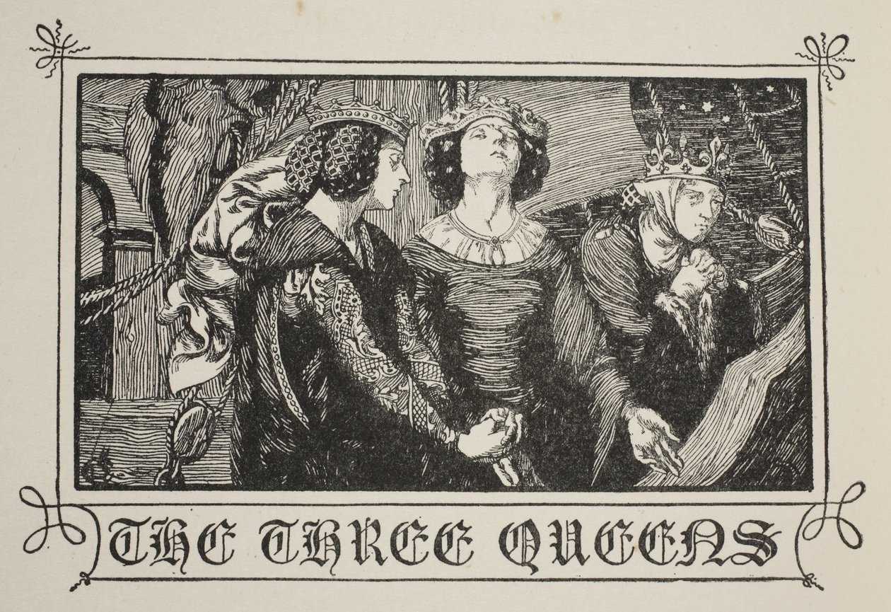 As Três Rainhas, ilustração de "Histórias do Rei Arthur e da Mesa Redonda", de Beatrice Clay, 1ª Edição, 1905 de Dora Curtis