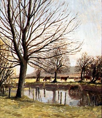 Gado à beira de um lago (óleo sobre tela) de Dora Carrington
