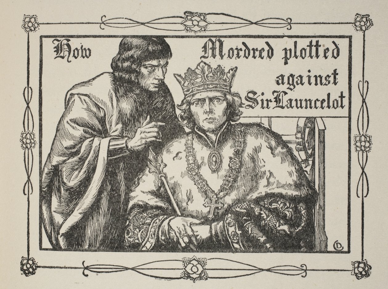 Como Mordred conspirou contra Sir Lancelote, ilustração de "Histórias do Rei Arthur e da Mesa Redonda" de Beatrice Clay, 1a Edição, 1905 de Dora Curtis