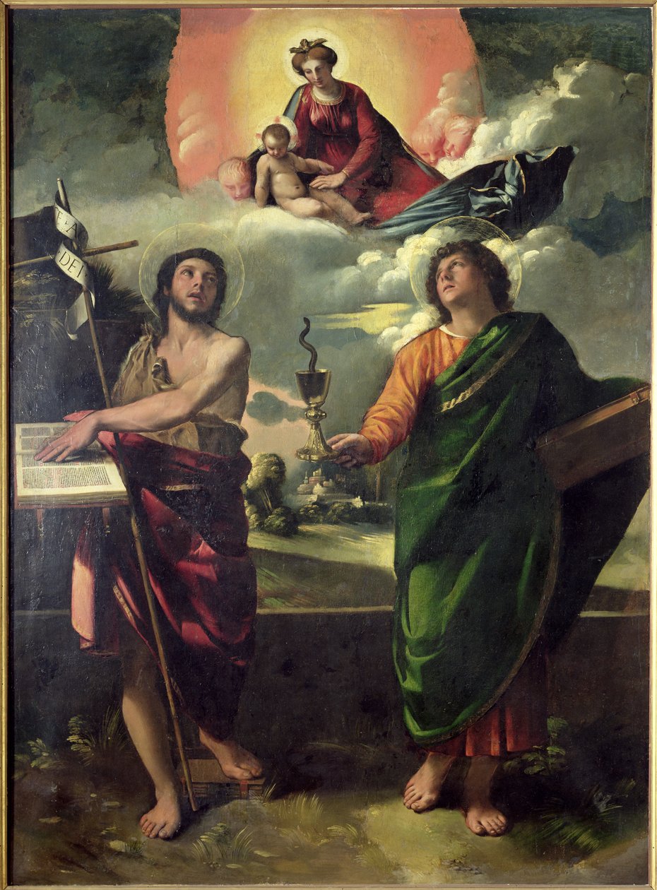 A Aparição da Virgem aos Santos João Batista e João Evangelista, 1520-30 de Dosso Dossi