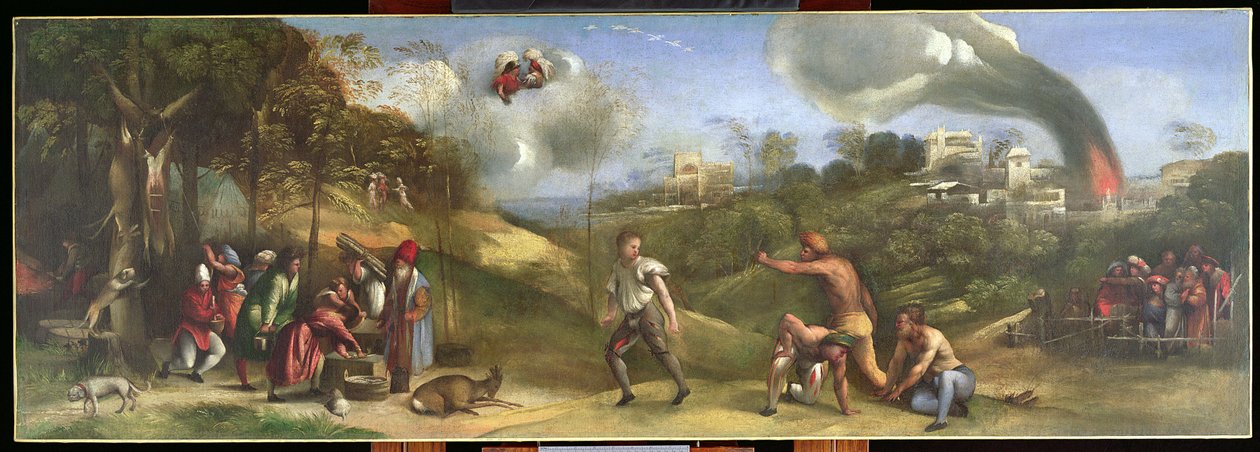 Os Jogos da Sicília, uma cena da Eneida, parte do friso no camarada do Duque Alfonso d&39;Este em Ferrara de Dosso Dossi
