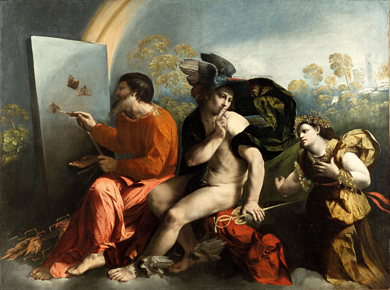 Júpiter, Mercúrio e a Virtude (Júpiter Pintando Borboletas), c. 1524 (óleo sobre tela) de Dosso Dossi