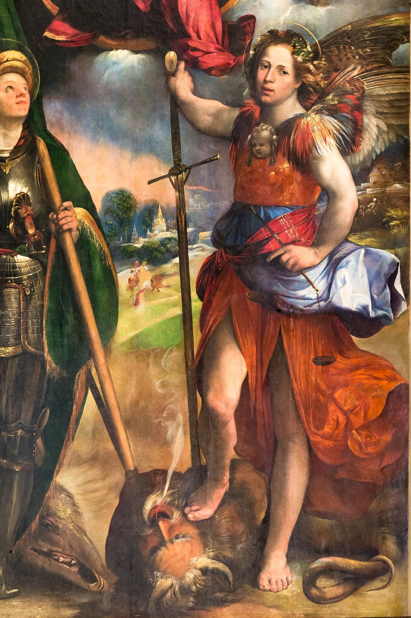 Madonna com Menino Jesus e São Jorge e São Miguel Arcanjo, detalhe de 2384617, c.1518 (óleo sobre painel) de Dosso Dossi