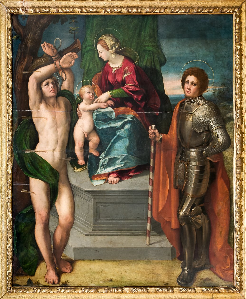 Madonna com o Menino Jesus e São Sebastião e São Jorge, detalhe de Dosso Dossi