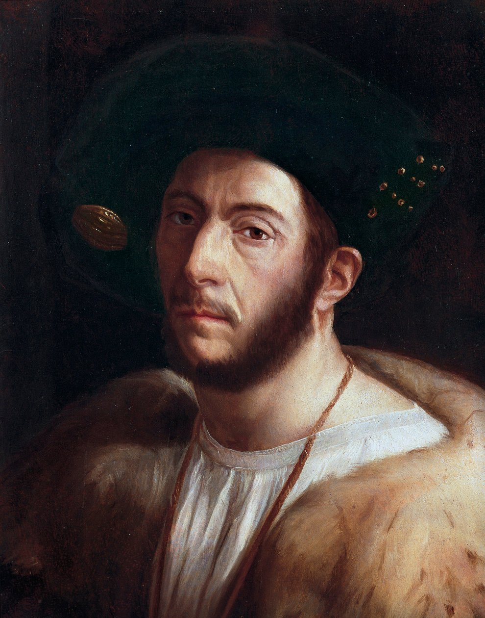 Retrato do homem, provavelmente Cesare Borgia (1475-1507), detalhe, início do século XVI (óleo sobre tela) de Dosso Dossi