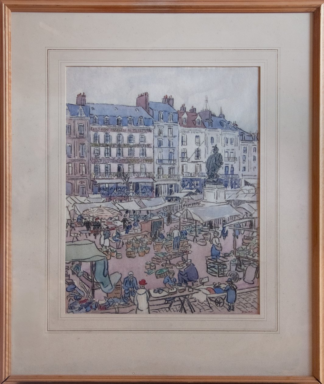 Dia de mercado em Dieppe, c.1910 (giz de cera preto e wc no papel) de Douglas Fox Pitt
