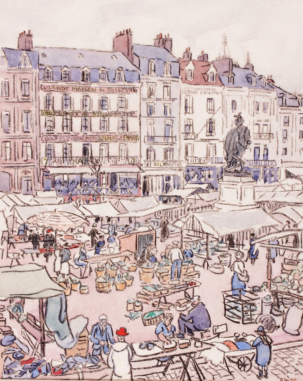 Place Nationale, Dieppe, c.1910 (giz e wc no papel) de Douglas Fox Pitt