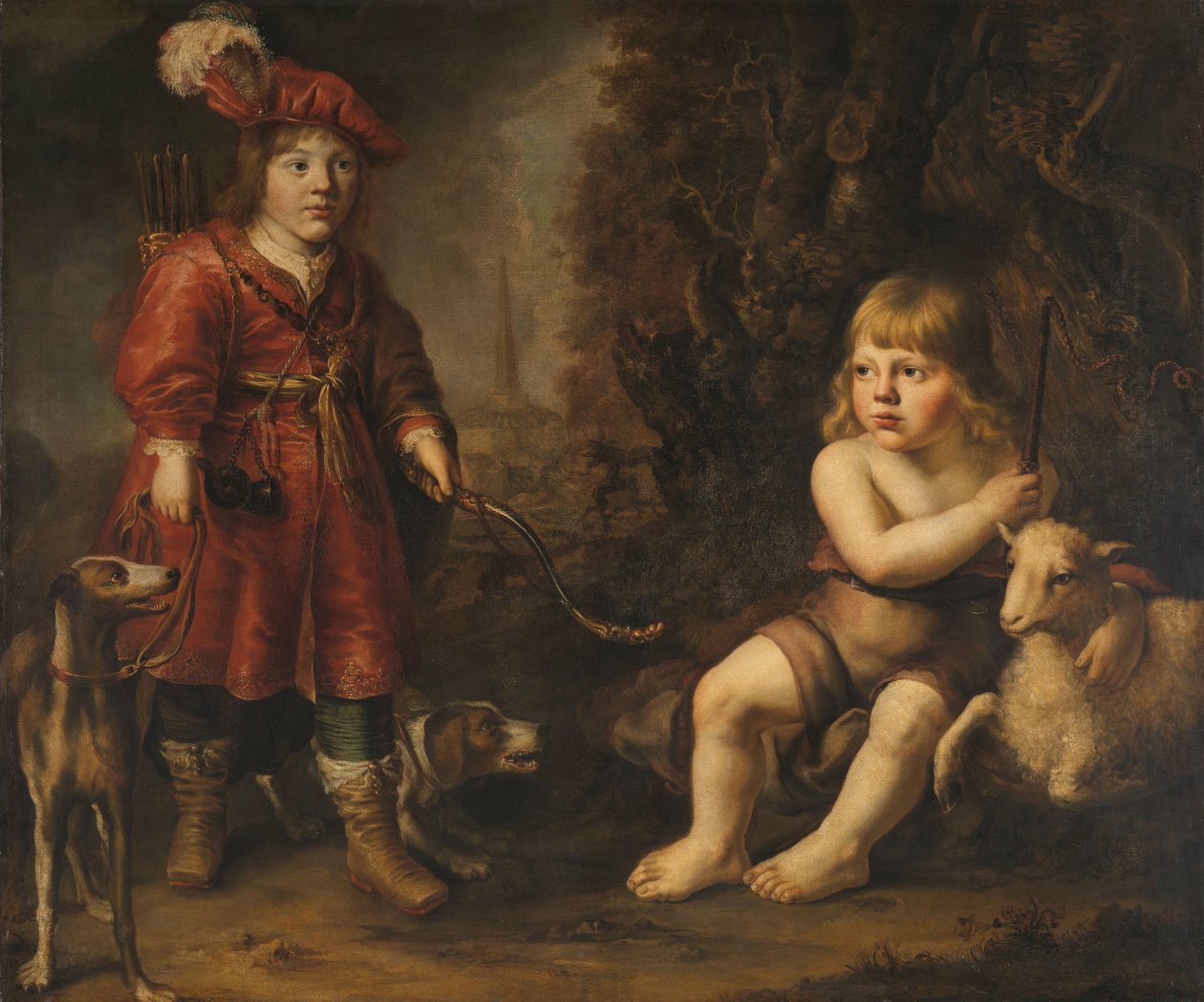 Retratos de dois meninos em uma paisagem, um vestido de caçador, o outro de São João Batista de Douwe Juwes de Dowe