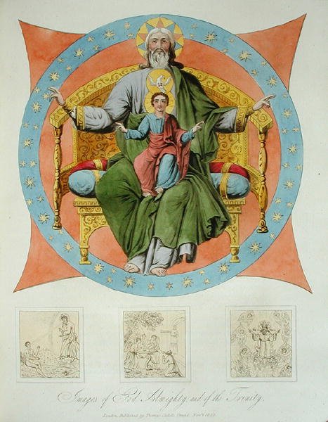 Imagens de Deus Todo-Poderoso e da Trindade da Catedral da Assunção, Moscovo, placa 14 de "The Character of the Russians and a Detailed History of Moscow", publicado em 1823 (cor aquatint) de Dr. Robert Lyall