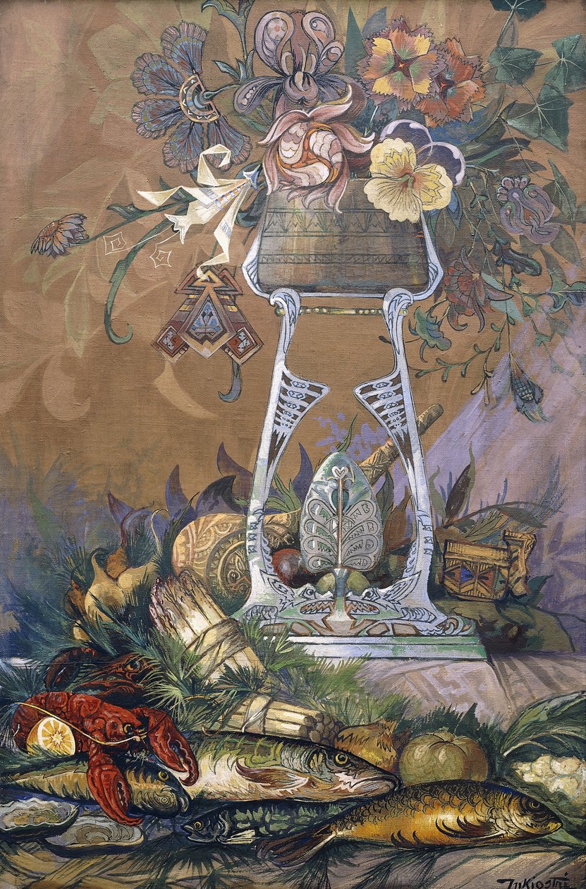 Flores em um vaso em um suporte com aspargos, lagostas, ostras e peixes (óleo sobre tela) de Dragutin Inkiostri Medensak