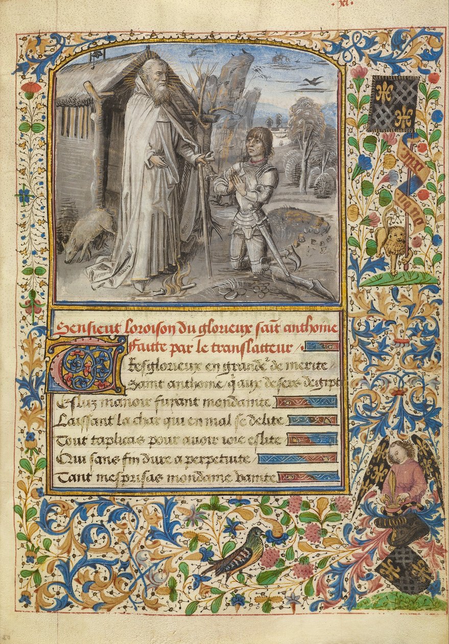 Um jovem cavaleiro de armadura ajoelhado em oração antes de Santo Antônio de Dreux Jean