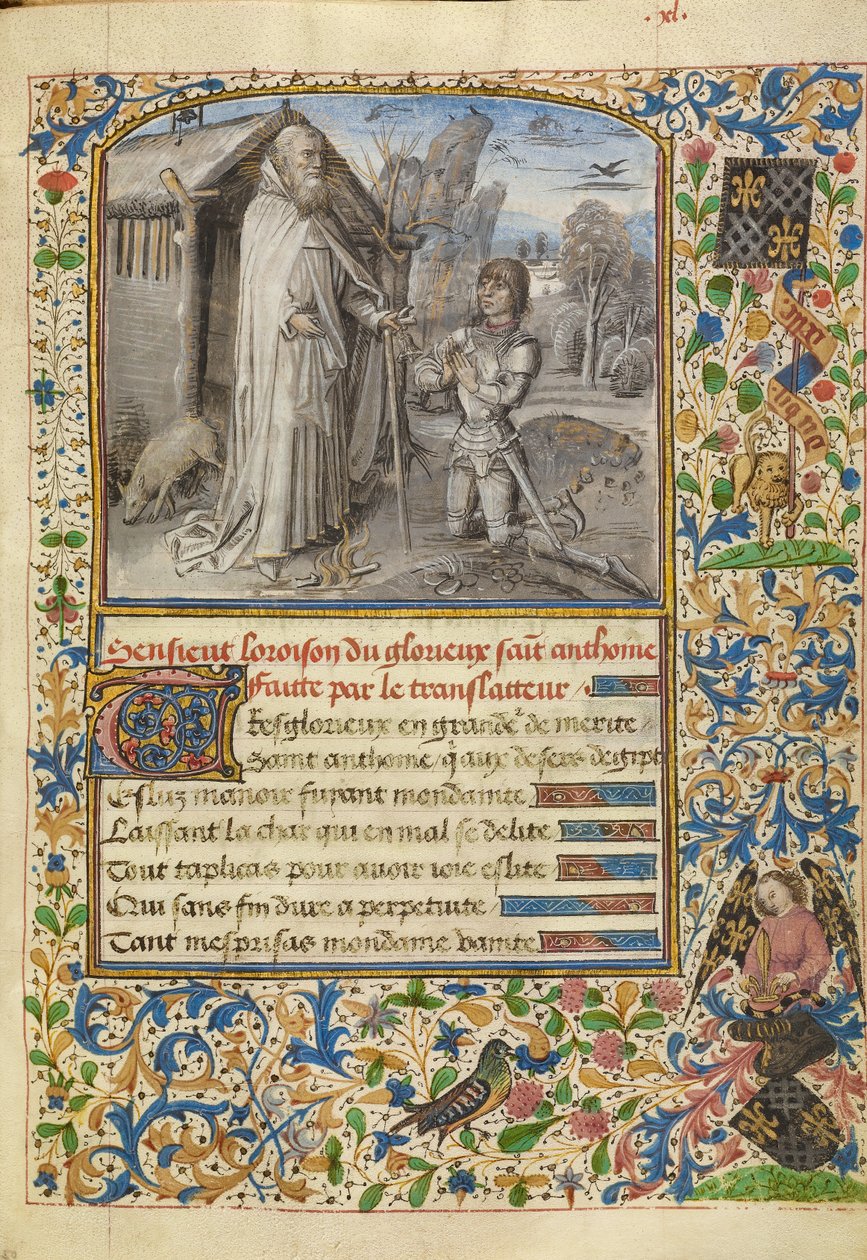 Um jovem cavaleiro de armadura ajoelhado em oração diante de Santo António de Dreux Jean