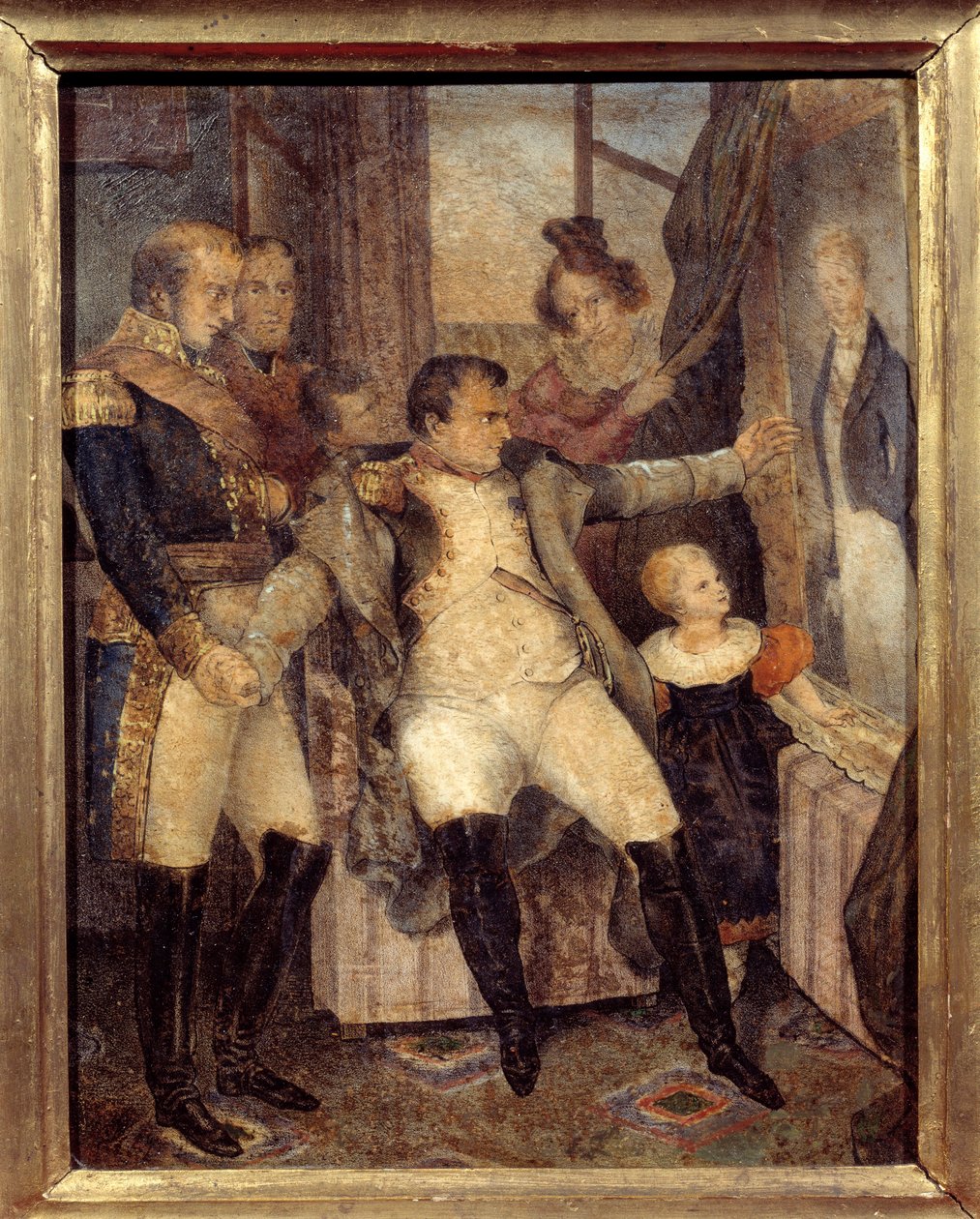 Retrato de Napoleão I (1769-1821) em frente ao retrato de seu filho o Rei de Roma Napoleão II (1811-1832) oferecido por seus companheiros de exílio na ilha de Santa Helena Peinture de Dubreuil (1799-1850) de Dubreuil